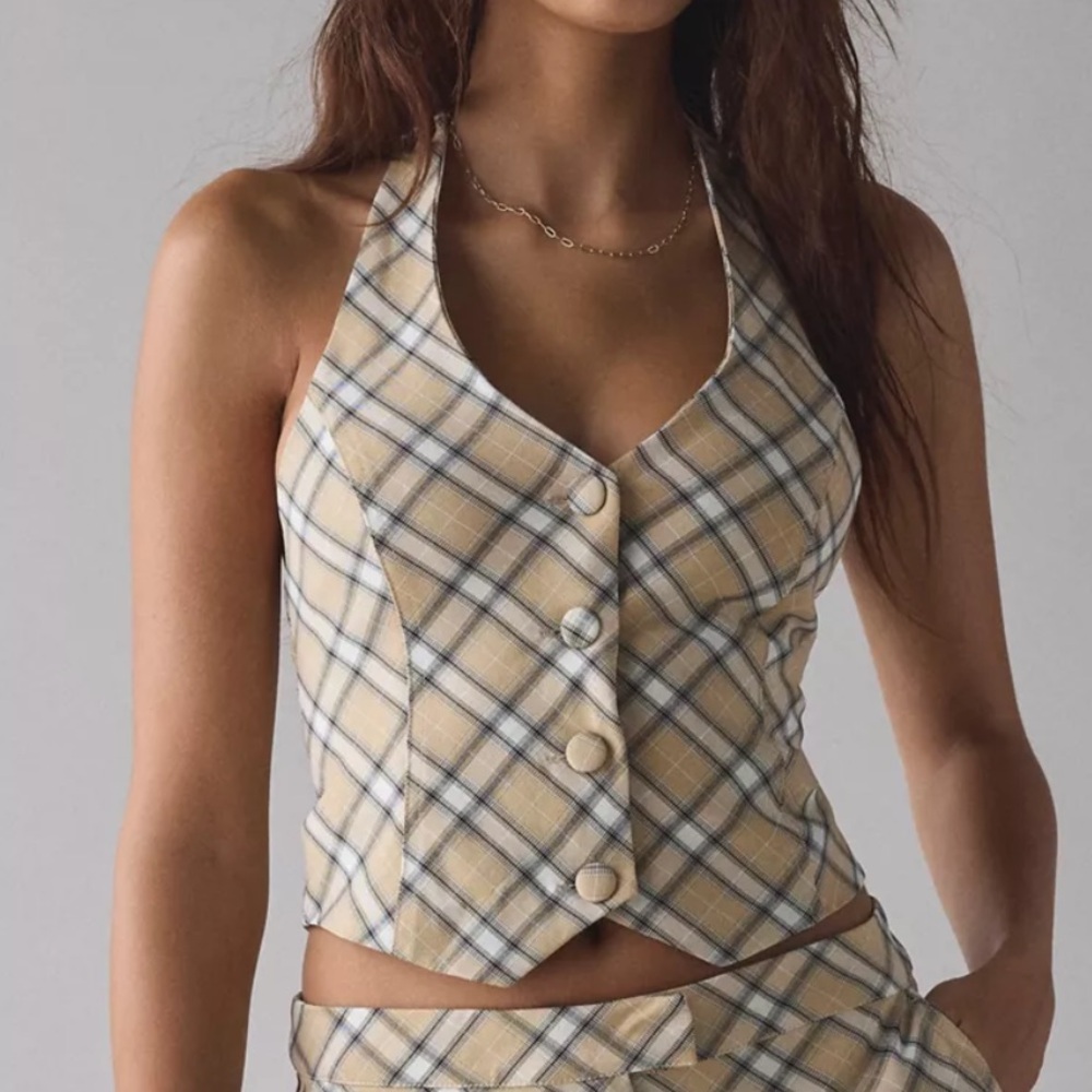 House Of Sunny • Sloane Open Back Brown Check Fitted Halter Top Vest